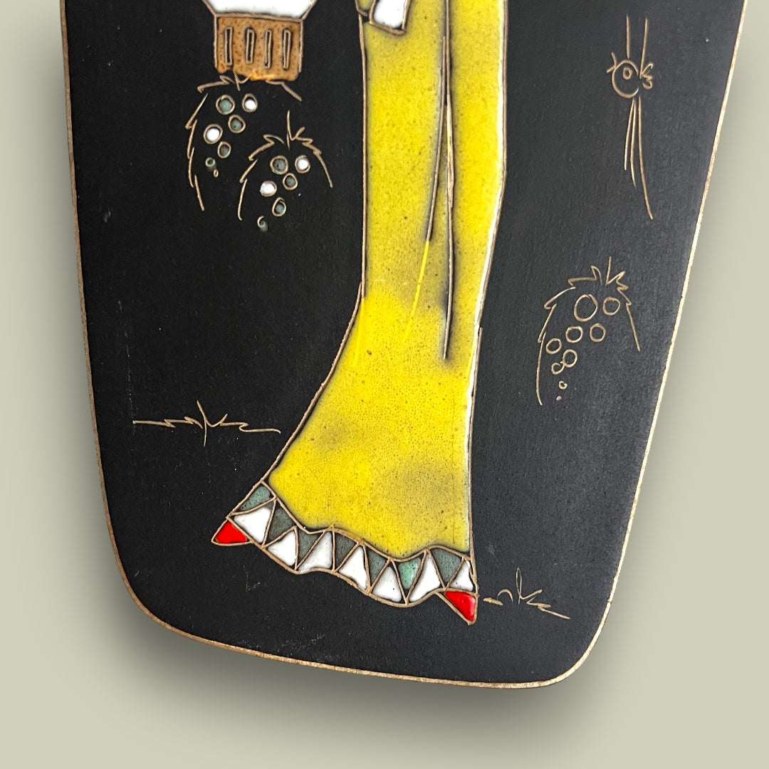 Plaque murale vintage Mid-Century – Femme au shamisen – Céramique émaillée