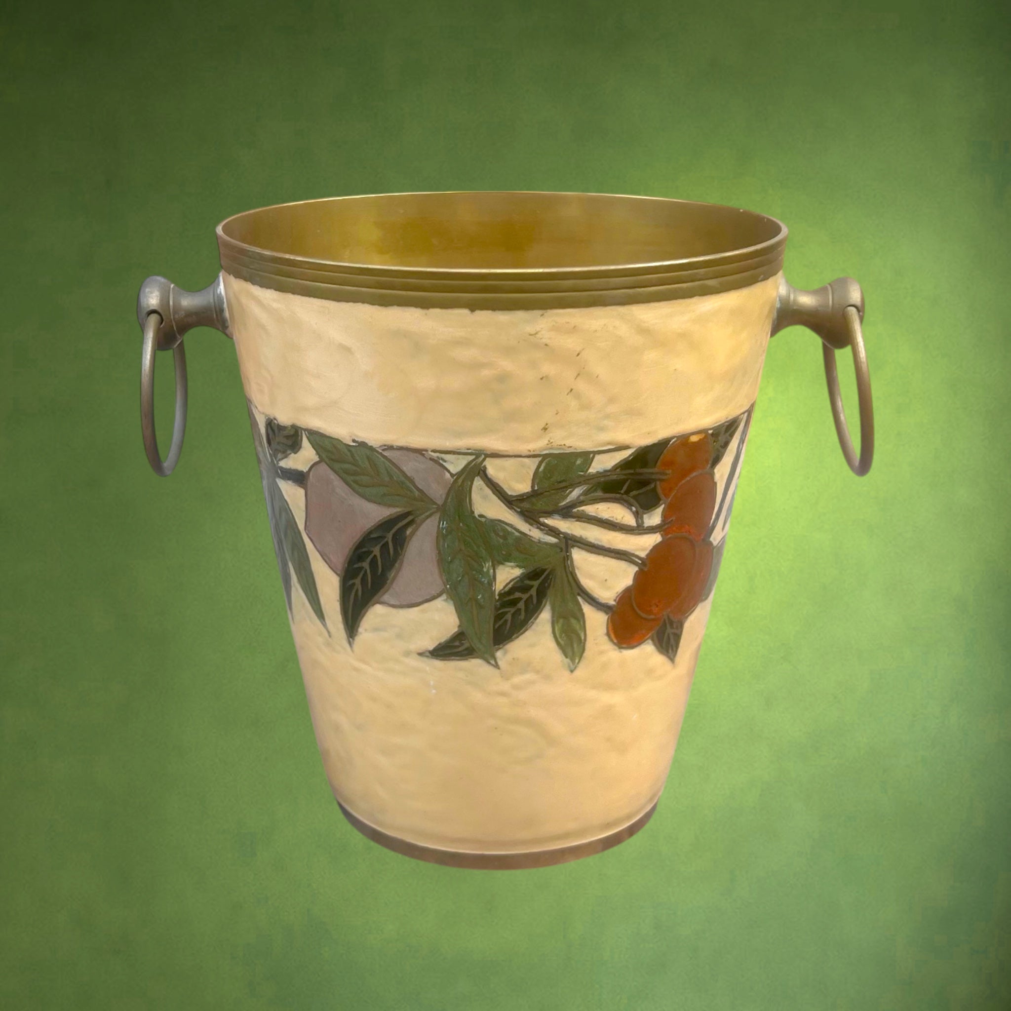 Seau à Champagne Vintage en Laiton Décor Émaillé Cloisonné Fruits – Années 70