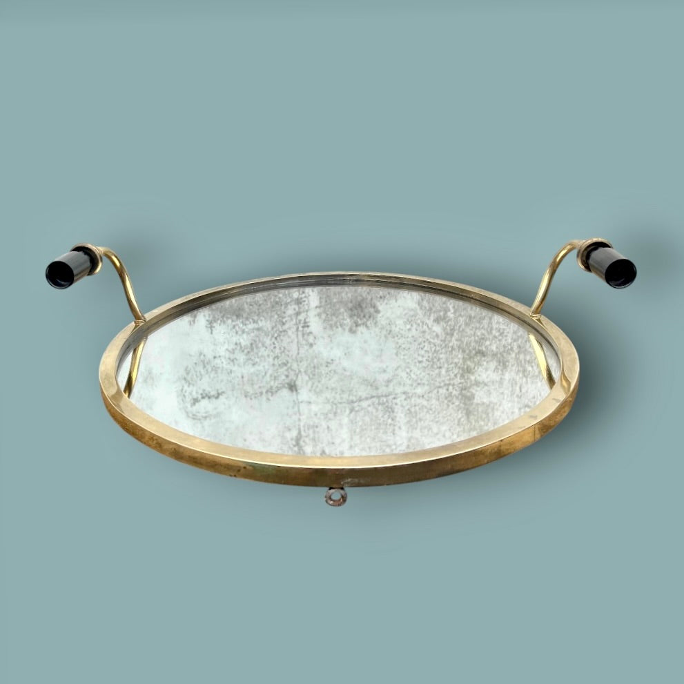 Miroir mural ovale vintage en laiton doré à double appliques – Années 50/60
