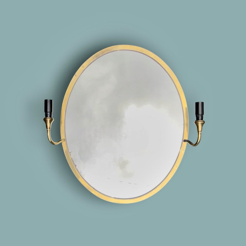Miroir mural ovale vintage en laiton doré à double appliques – Années 50/60