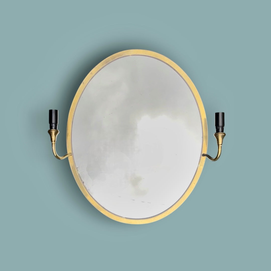 Miroir mural ovale vintage en laiton doré à double appliques – Années 50/60