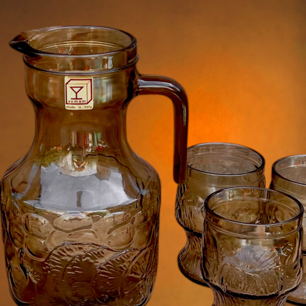 Service à Limonade Vemam en Verre Ambré Décor Agrumes en Relief - Années 70
