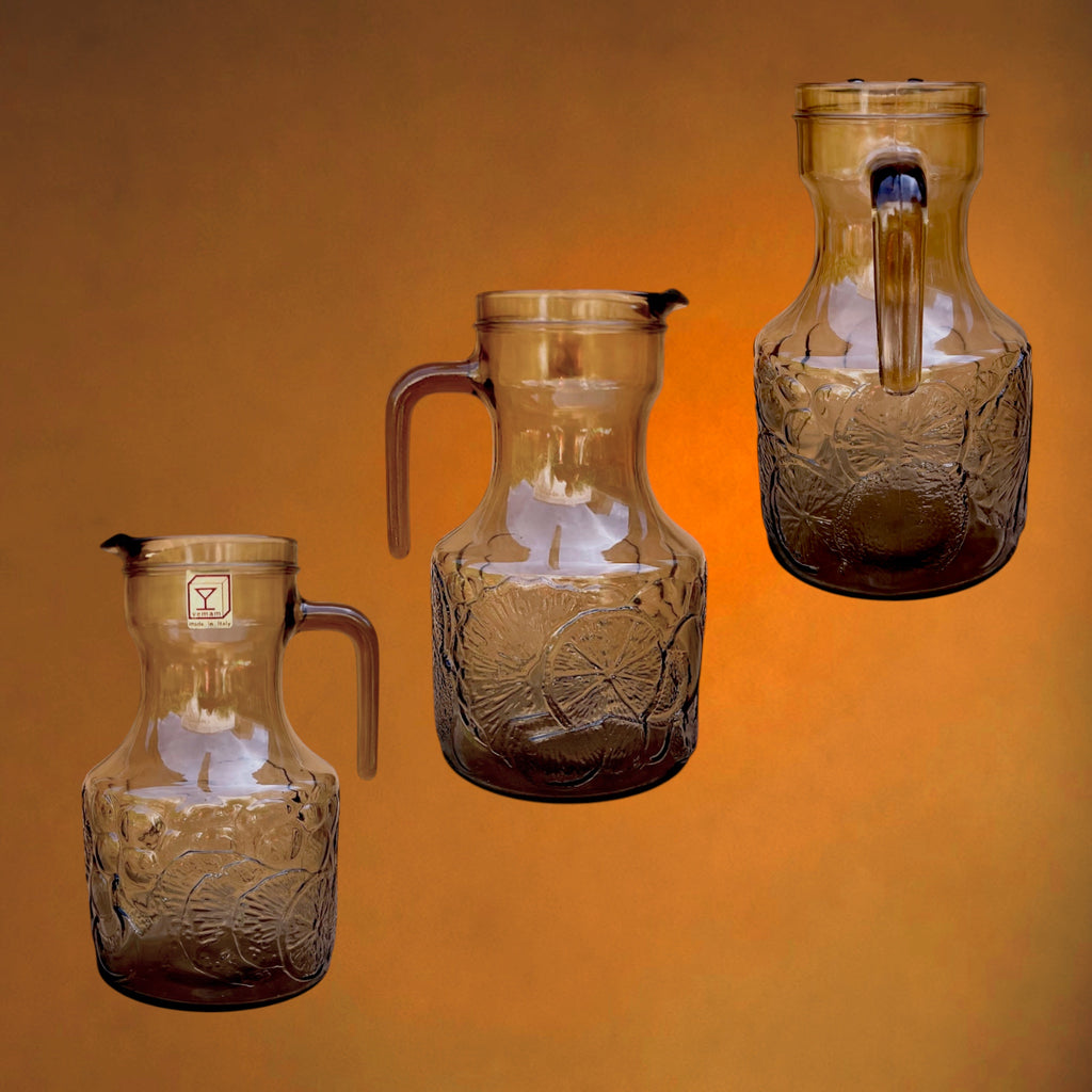 Service à Limonade Vemam en Verre Ambré Décor Agrumes en Relief - Années 70