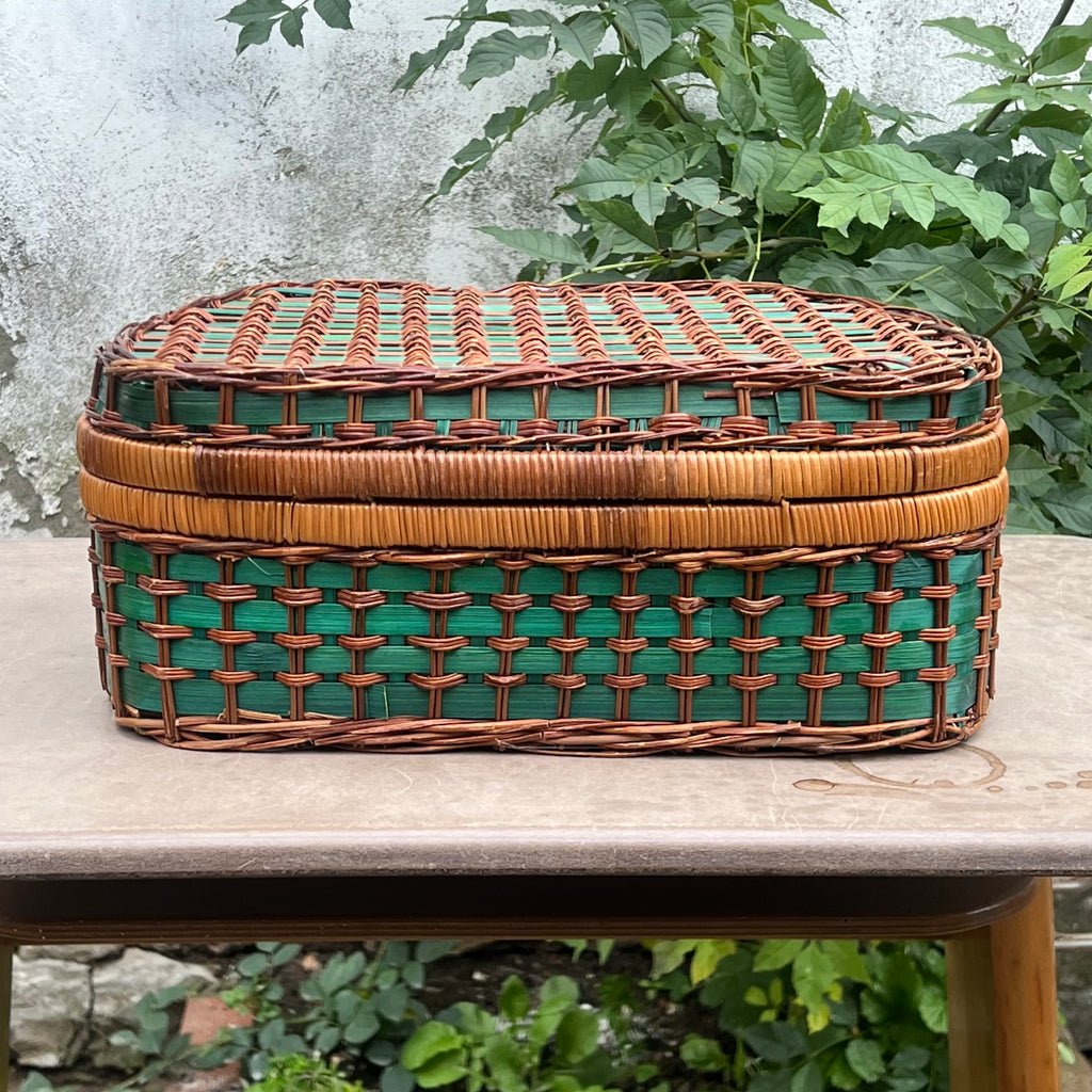 Panier de Pique-Nique Garni pour 4 Personnes en Rotin et Fibres Végétales Vertes – Années 70