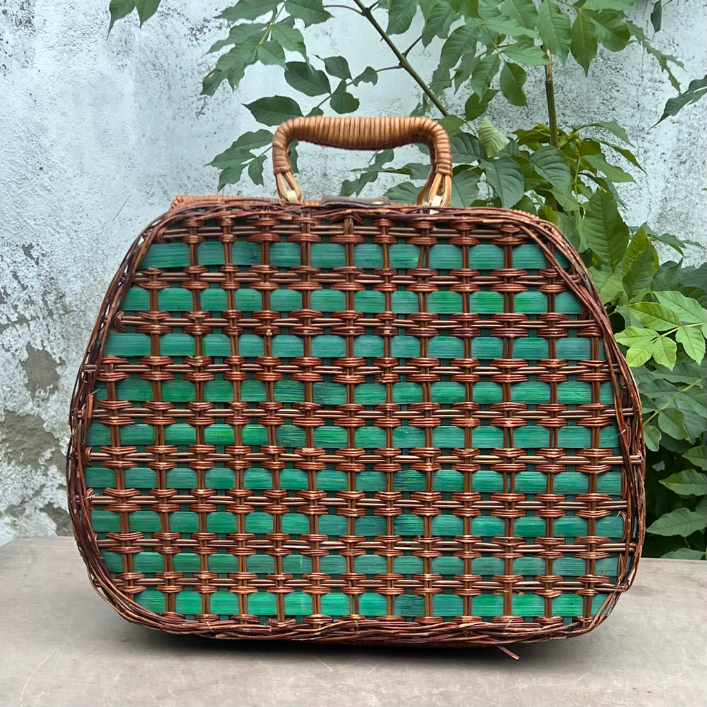 Panier de Pique-Nique Garni pour 4 Personnes en Rotin et Fibres Végétales Vertes – Années 70
