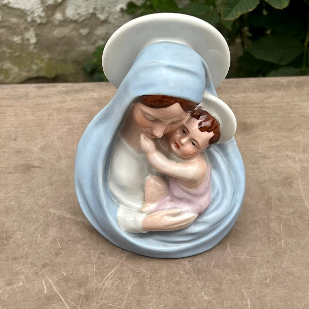 Vierge à l’Enfant en Porcelaine Polychrome Téco, Bois-de-Breux, Belgique – Années 30