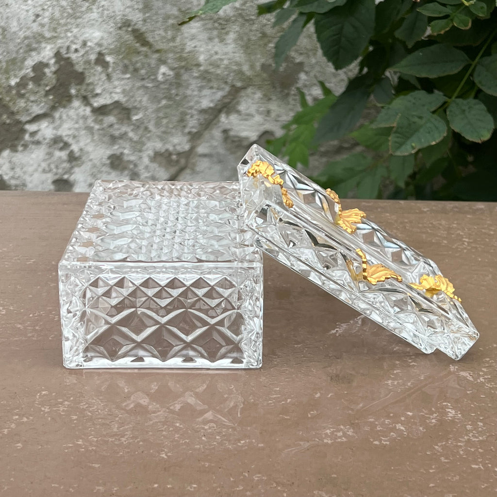 Cendrier et Boîte en Cristal de Bohême à Décor de Feuilles Dorées à l'Or Fin – Années 60-70