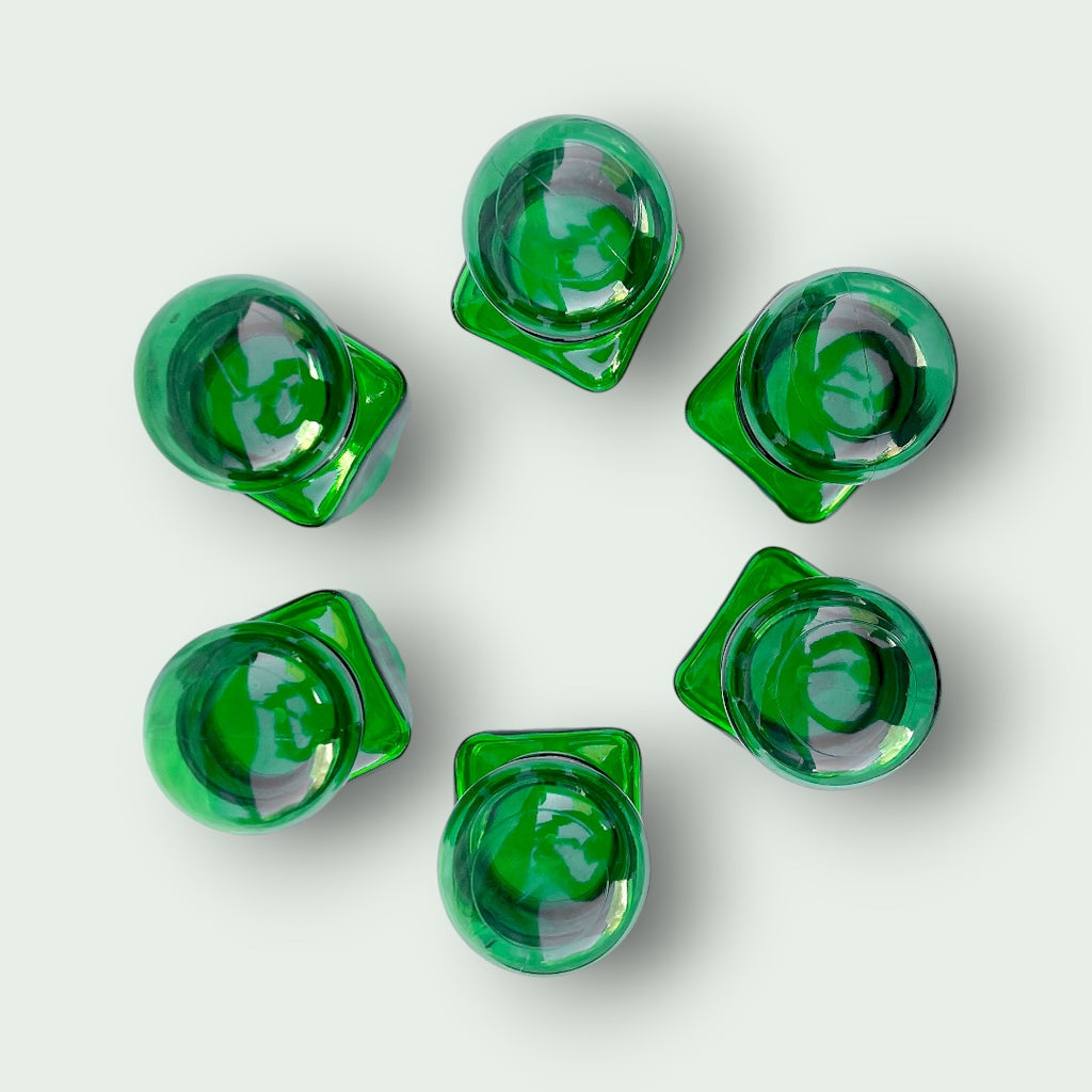 Lot de 6 pots d’apothicaire vintage en verre vert – années 1970 – H16 cm