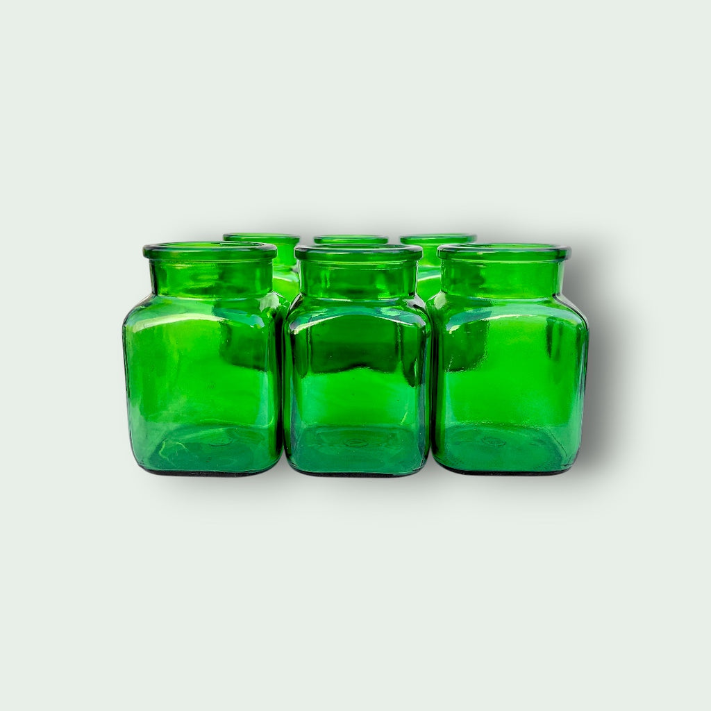 Lot de 6 pots d’apothicaire vintage en verre vert – années 1970 – H16 cm