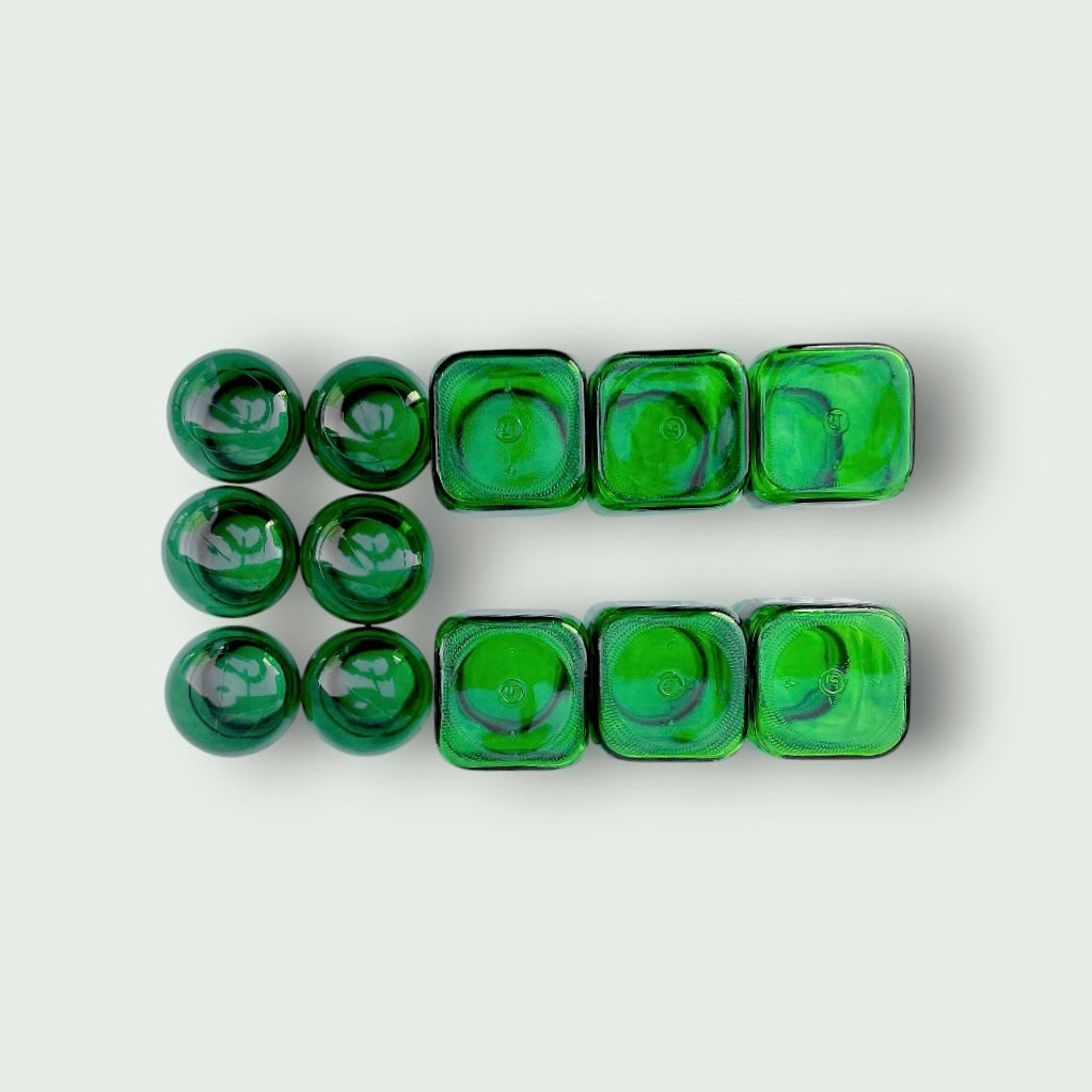 Lot de 6 pots d’apothicaire vintage en verre vert – années 1970 – H16 cm