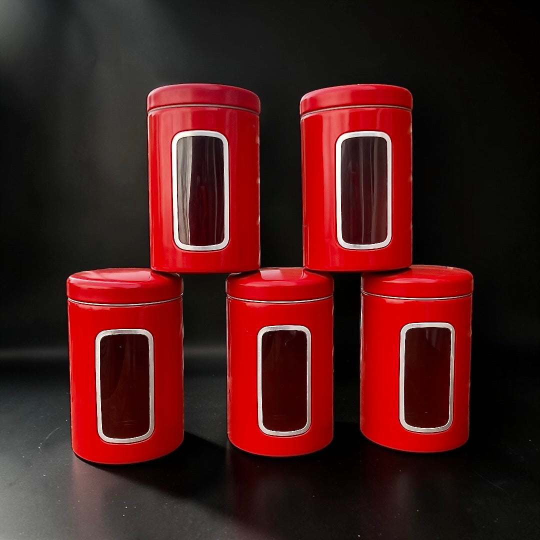 Lot de 5 pots Brabantia vintage rouges – boîtes de conservation métal – années 1970