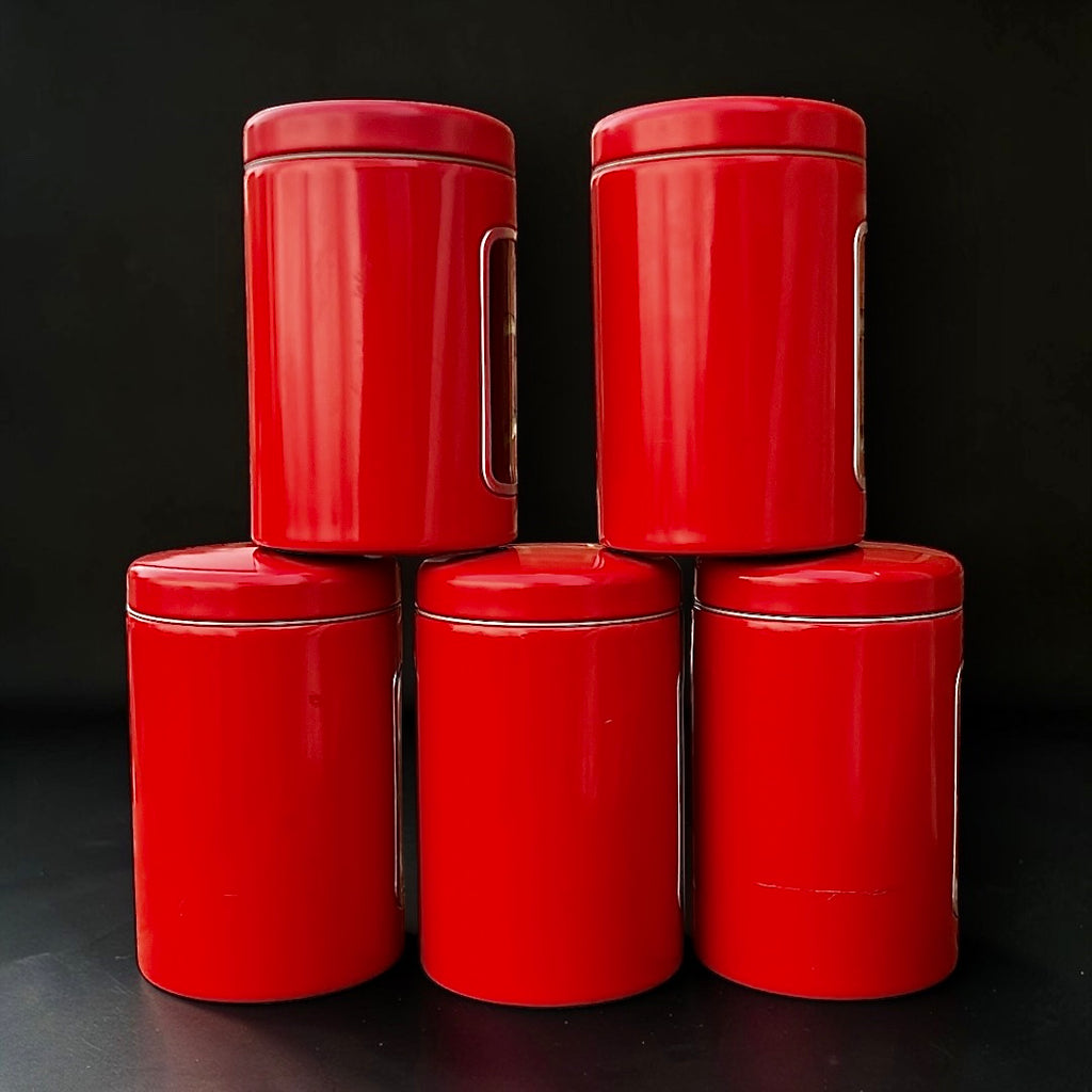 Lot de 5 pots Brabantia vintage rouges – boîtes de conservation métal – années 1970