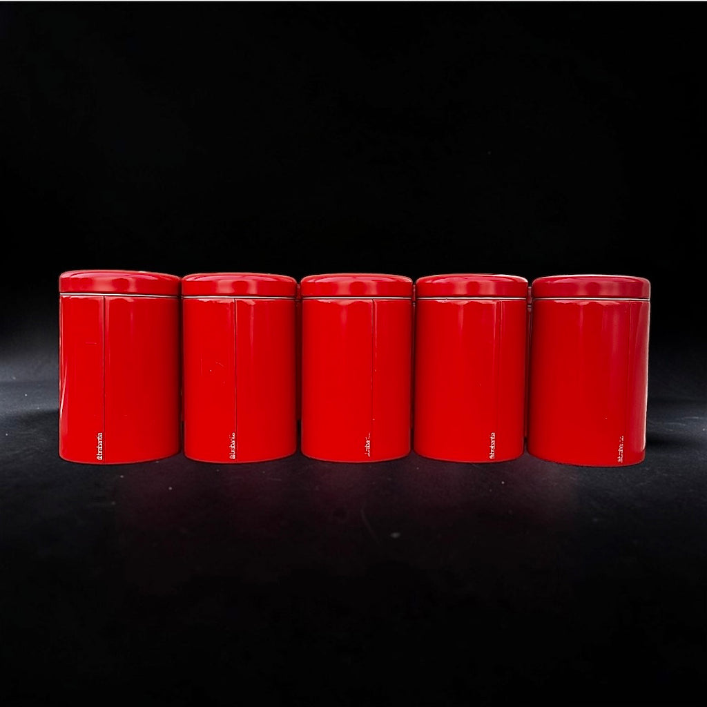 Lot de 5 pots Brabantia vintage rouges – boîtes de conservation métal – années 1970