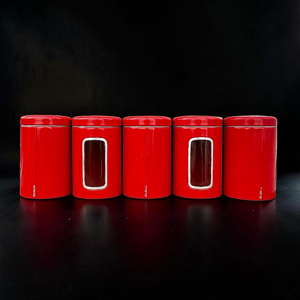 Lot de 5 pots Brabantia vintage rouges – boîtes de conservation métal – années 1970