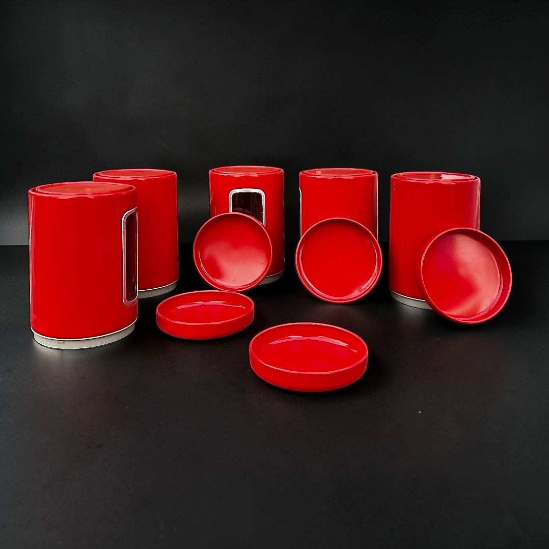Lot de 5 pots Brabantia vintage rouges – boîtes de conservation métal – années 1970