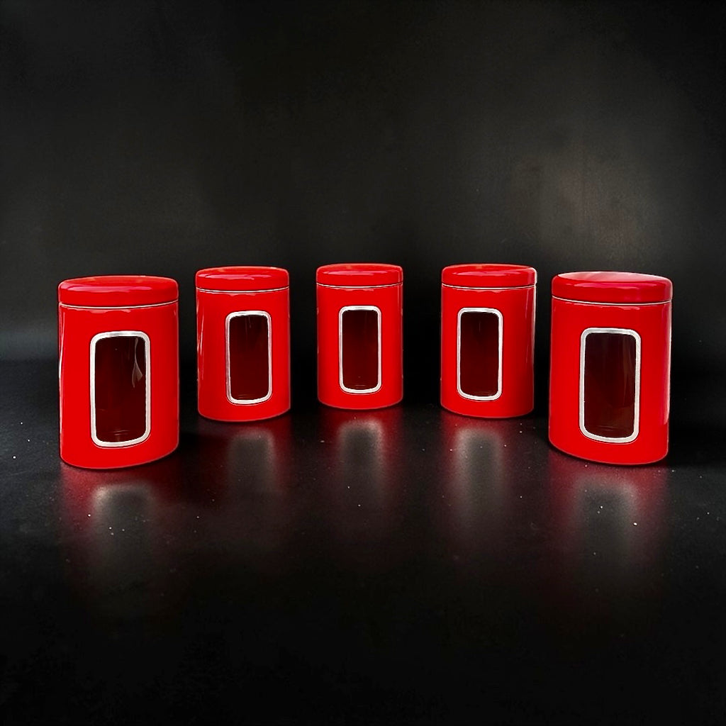 Lot de 5 pots Brabantia vintage rouges – boîtes de conservation métal – années 1970