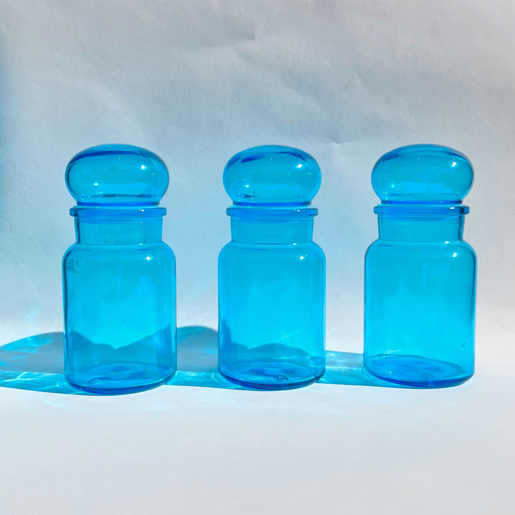 Lot de 5 Bocaux d’Apothicaire en Verre Bleu Made in Belgium - Années 60-70