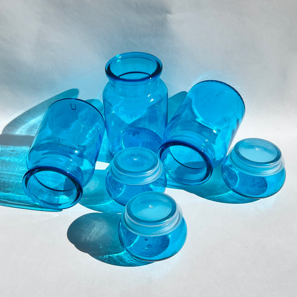Lot de 5 Bocaux d’Apothicaire en Verre Bleu Made in Belgium - Années 60-70