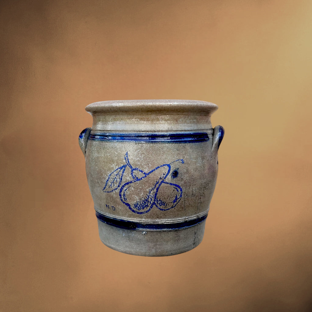 Petit pot ancien en grès d’Alsace décor poires bleu cobalt