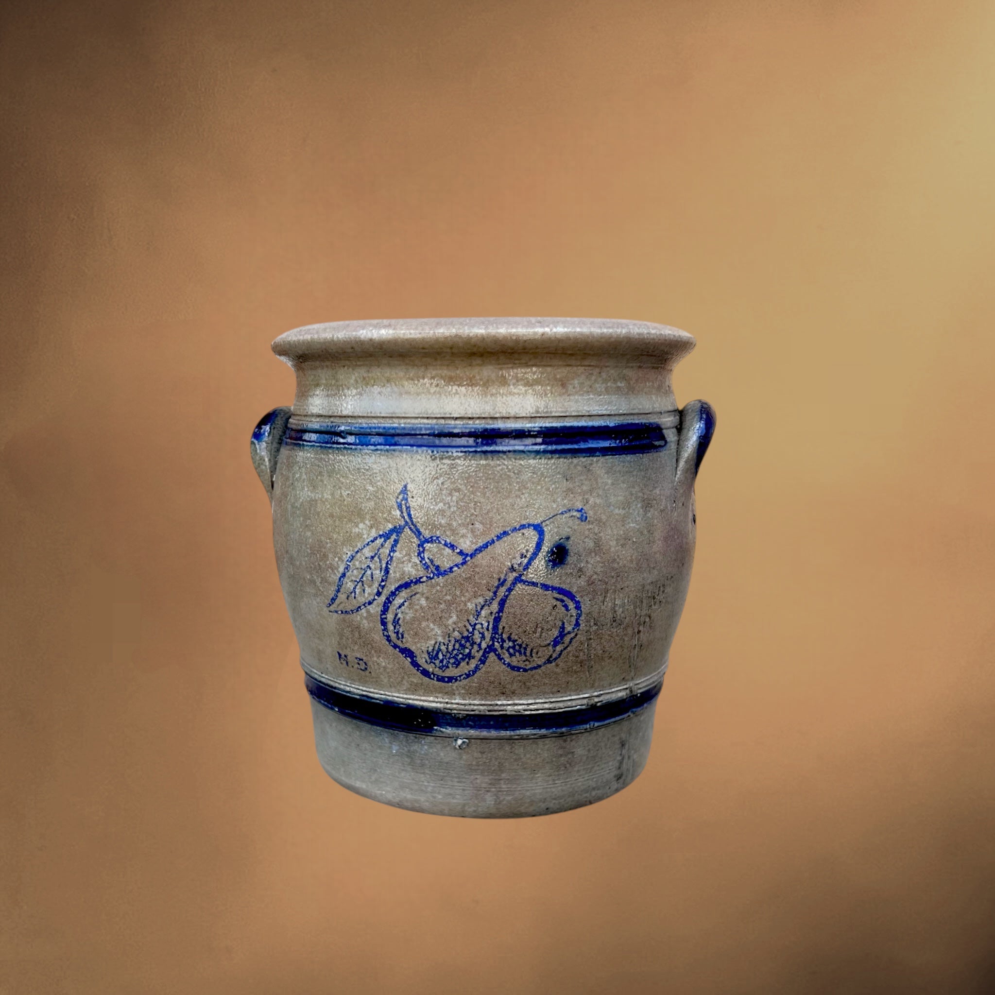 Petit pot ancien en grès d’Alsace décor poires bleu cobalt
