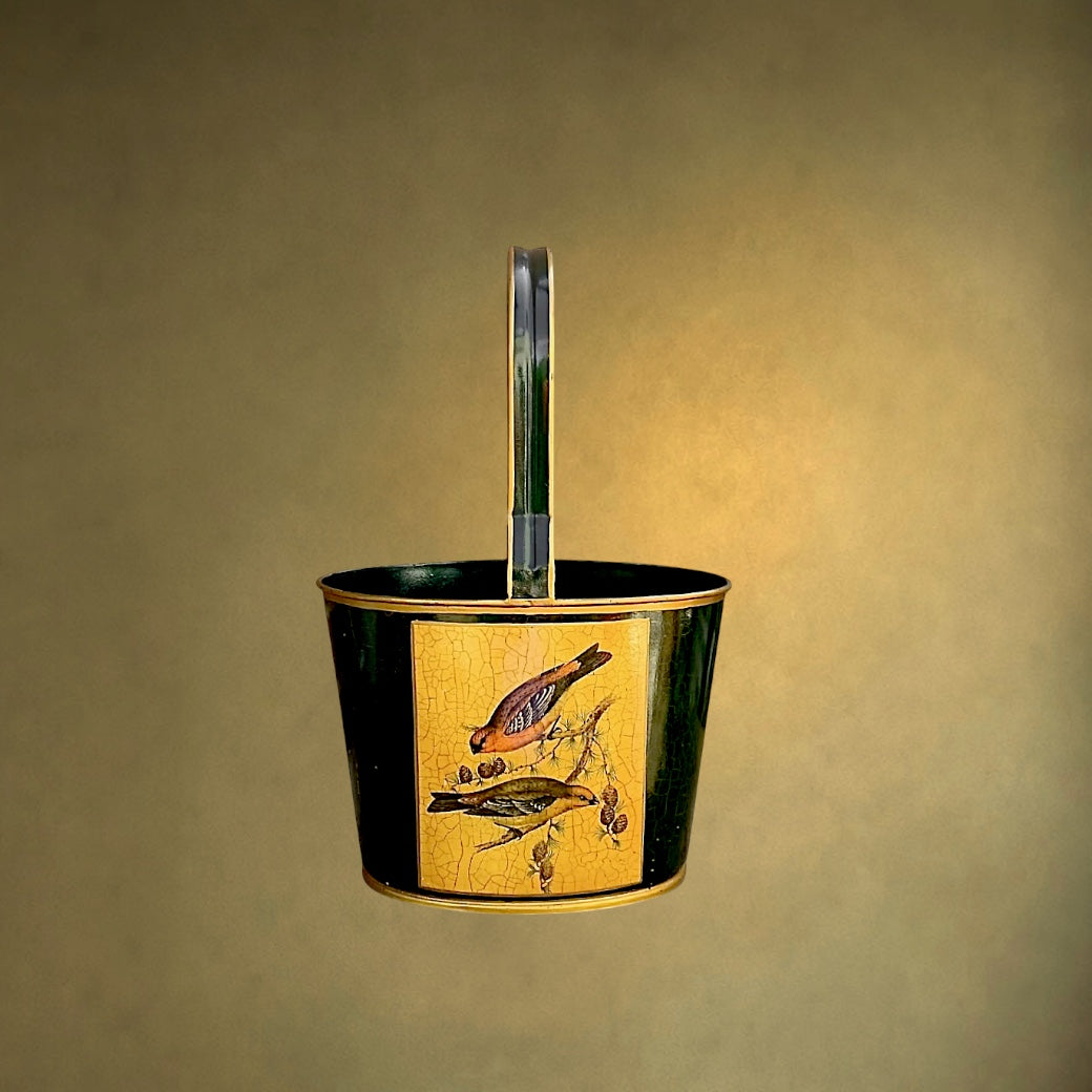 Porte-Bouteilles Vintage en Tôle Peinte Verte Décor Oiseaux
