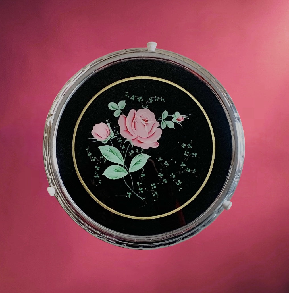Plateau Tournant Lazy Susan en Verre Fleuri et Métal Chromé – Années 1950