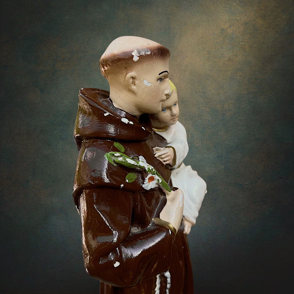 Statuette Ancienne Saint-Antoine de Padoue en Plâtre Polychrome - Années 50