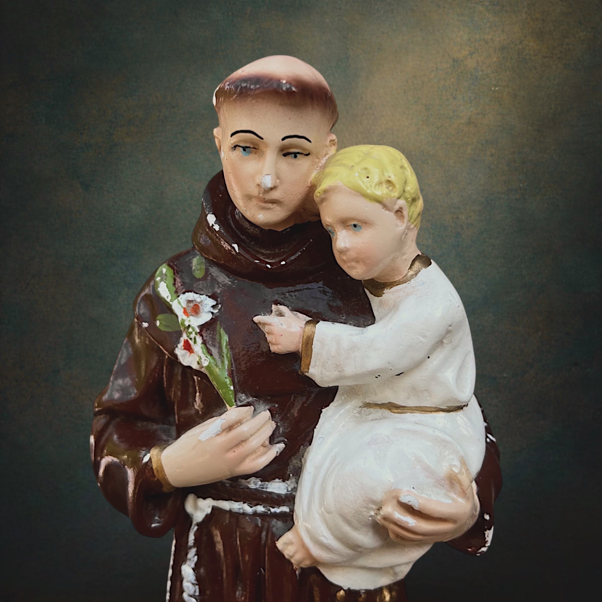 Statuette Ancienne Saint-Antoine de Padoue en Plâtre Polychrome - Années 50