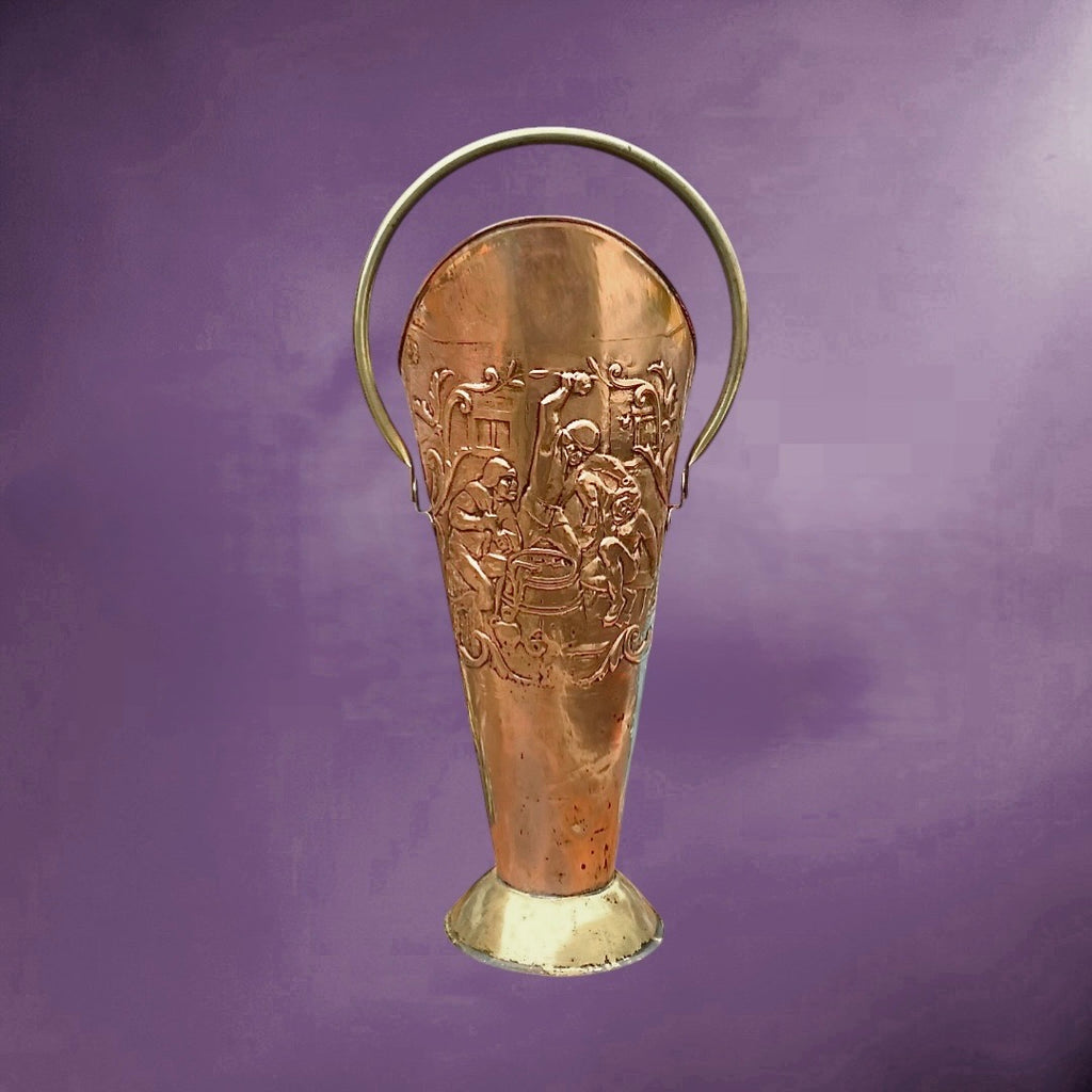 porte-parapluie ancien cuivre repoussé scène flamande laiton anse mobile