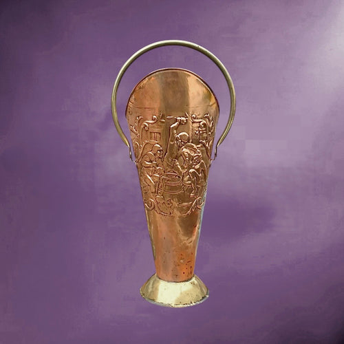 porte-parapluie ancien cuivre repoussé scène flamande laiton anse mobile