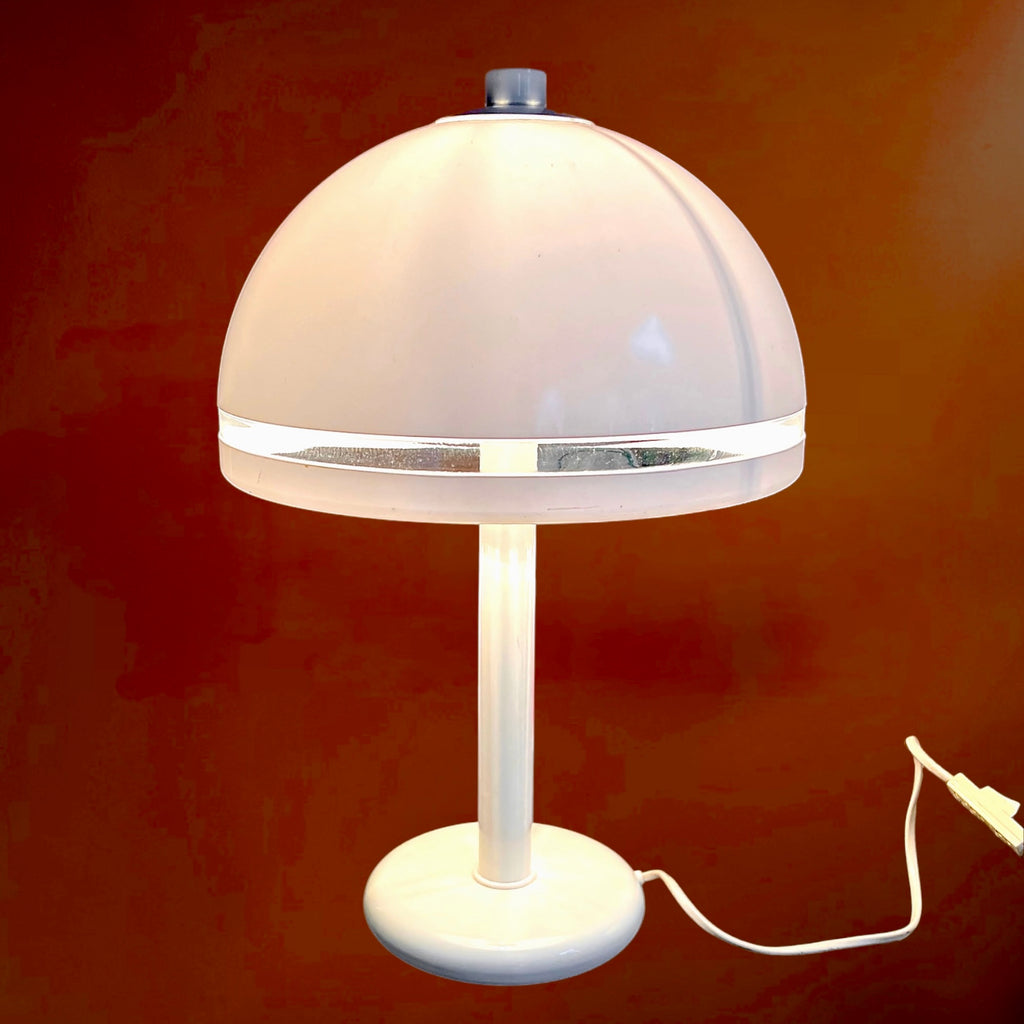 Lampe champignon vintage Massive Belgium années 70 – lampe design space age blanche métal et dôme plastique