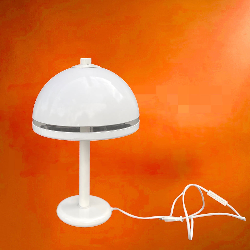 Lampe champignon vintage Massive Belgium années 70 – lampe design space age blanche métal et dôme plastique