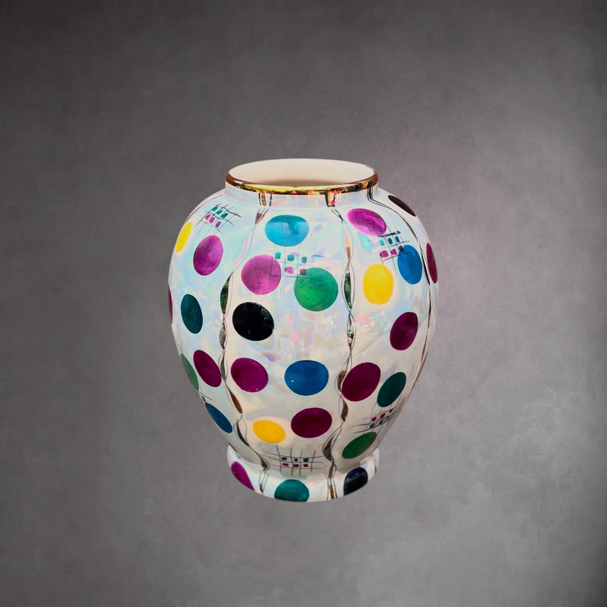 Vase Hubert Bequet Quaregnon en Faïence Nacrée Décor Confetti - Années 50-60