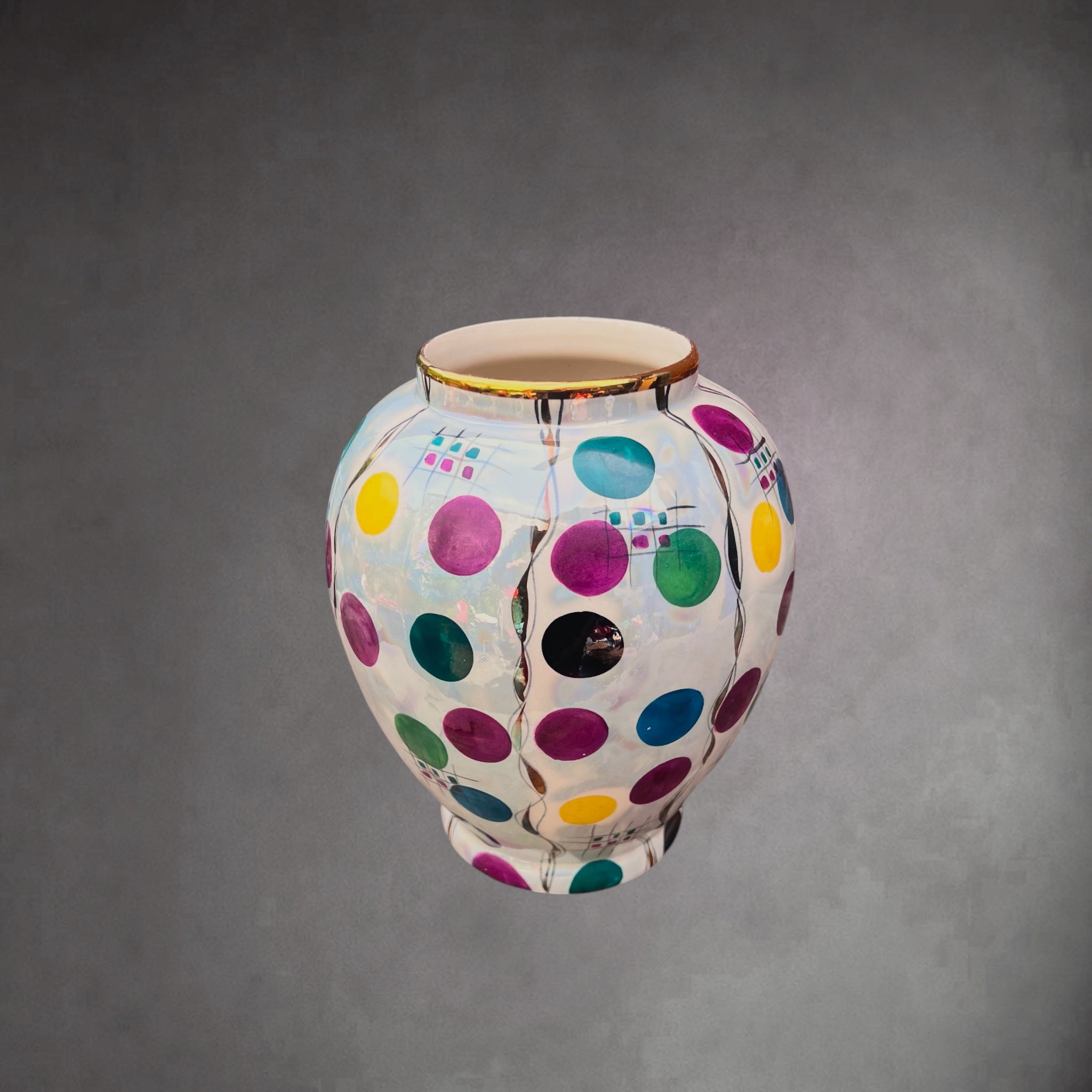 Vase Hubert Bequet Quaregnon en Faïence Nacrée Décor Confetti - Années 50-60