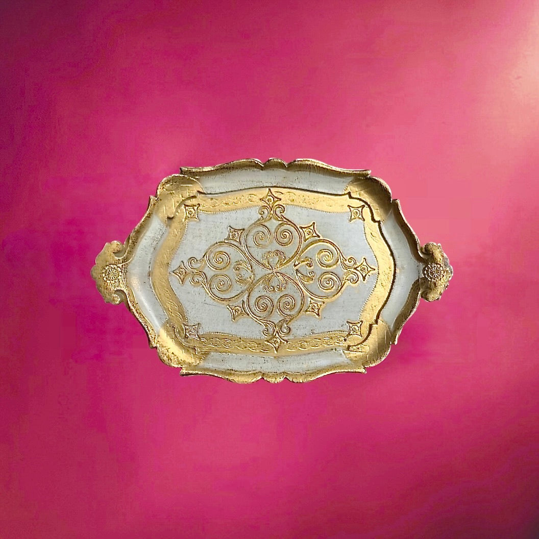 Ensemble de 3 plateaux florentins vintage doré blanc – bois peint style italien baroque
