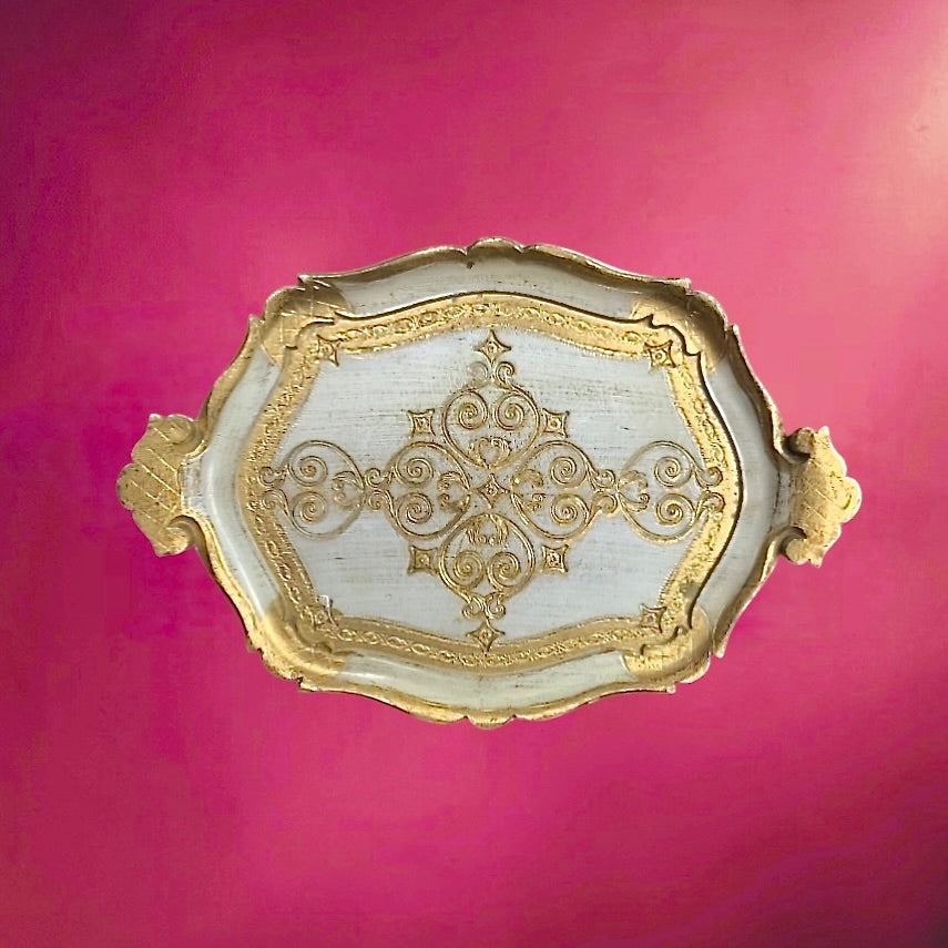 Ensemble de 3 plateaux florentins vintage doré blanc – bois peint style italien baroque