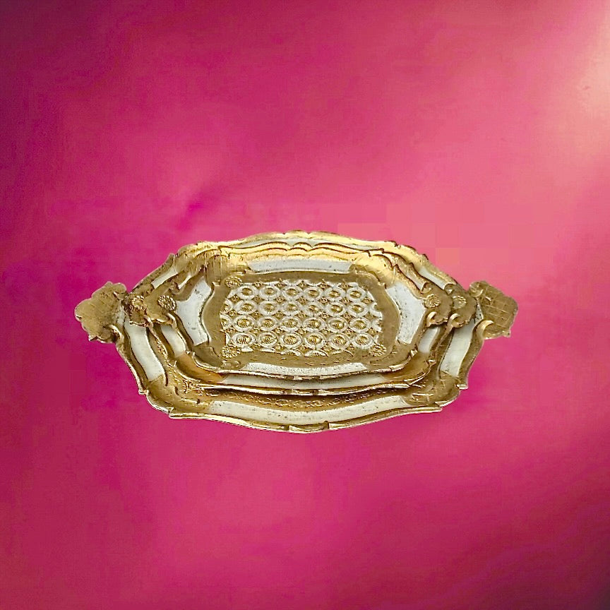 Ensemble de 3 plateaux florentins vintage doré blanc – bois peint style italien baroque