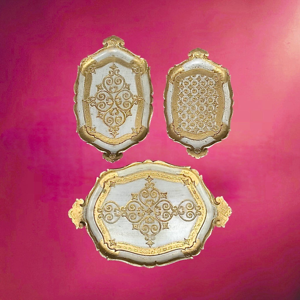 Lot de 3 plateaux florentins doré blanc bois vintage