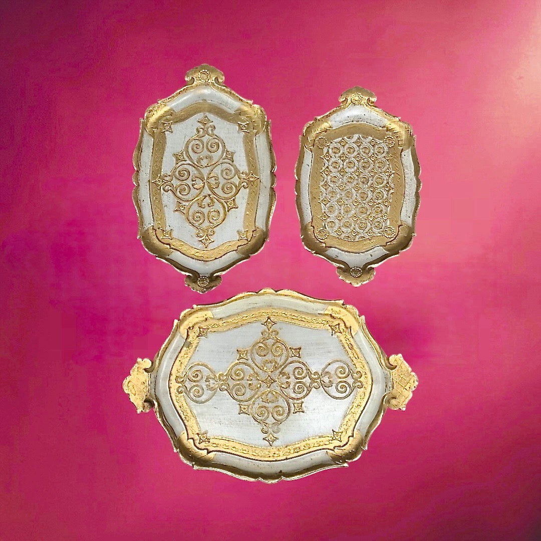 Lot de 3 plateaux florentins doré blanc bois vintage