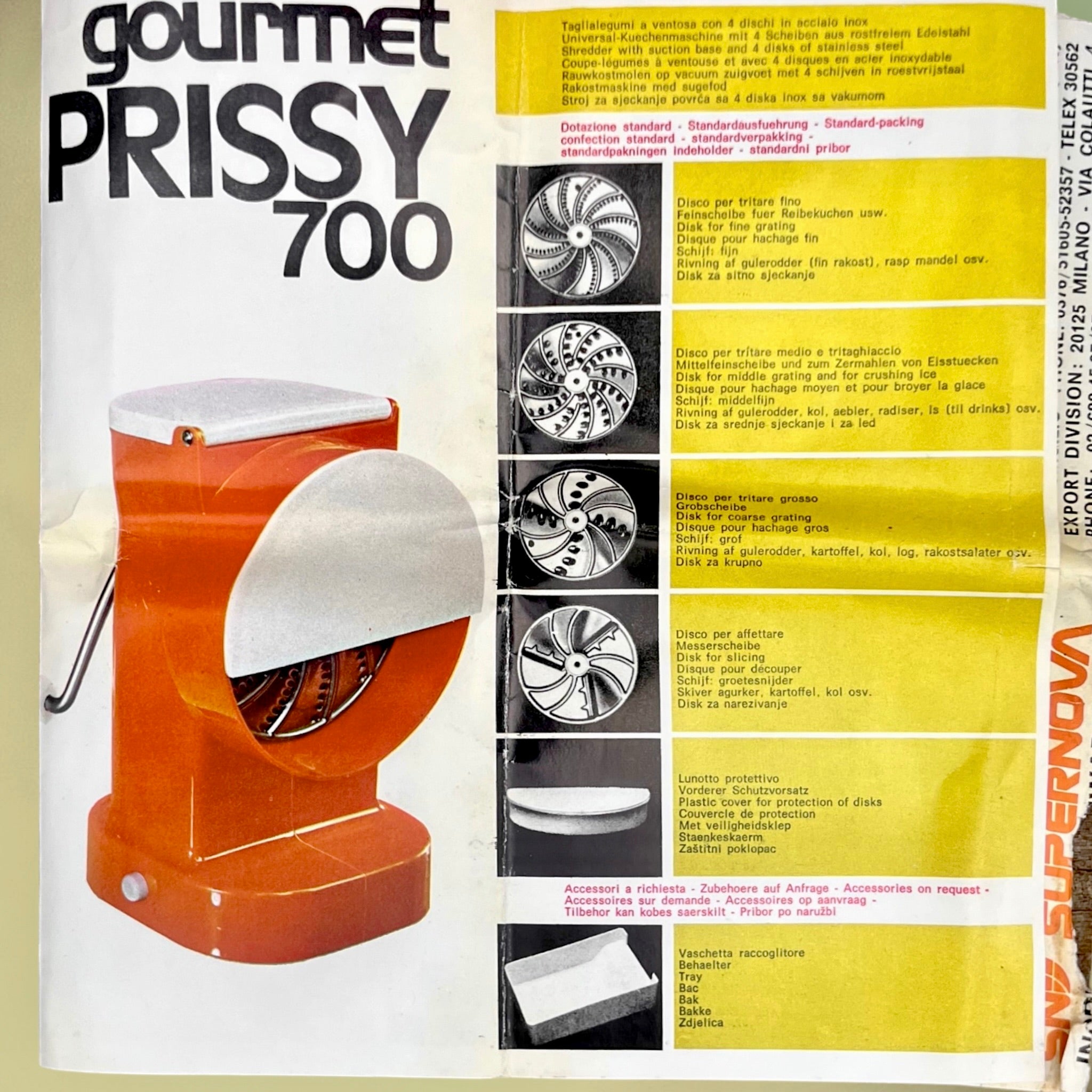 Coupe-Légumes Manuel Supernova Gourmet Prissy 700 Orange avec 4 Disques - Années 70