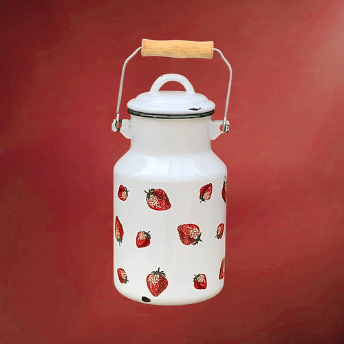 Ancien Bidon à Lait Émaillé Blanc à Décor de Fraises – Années 60-70