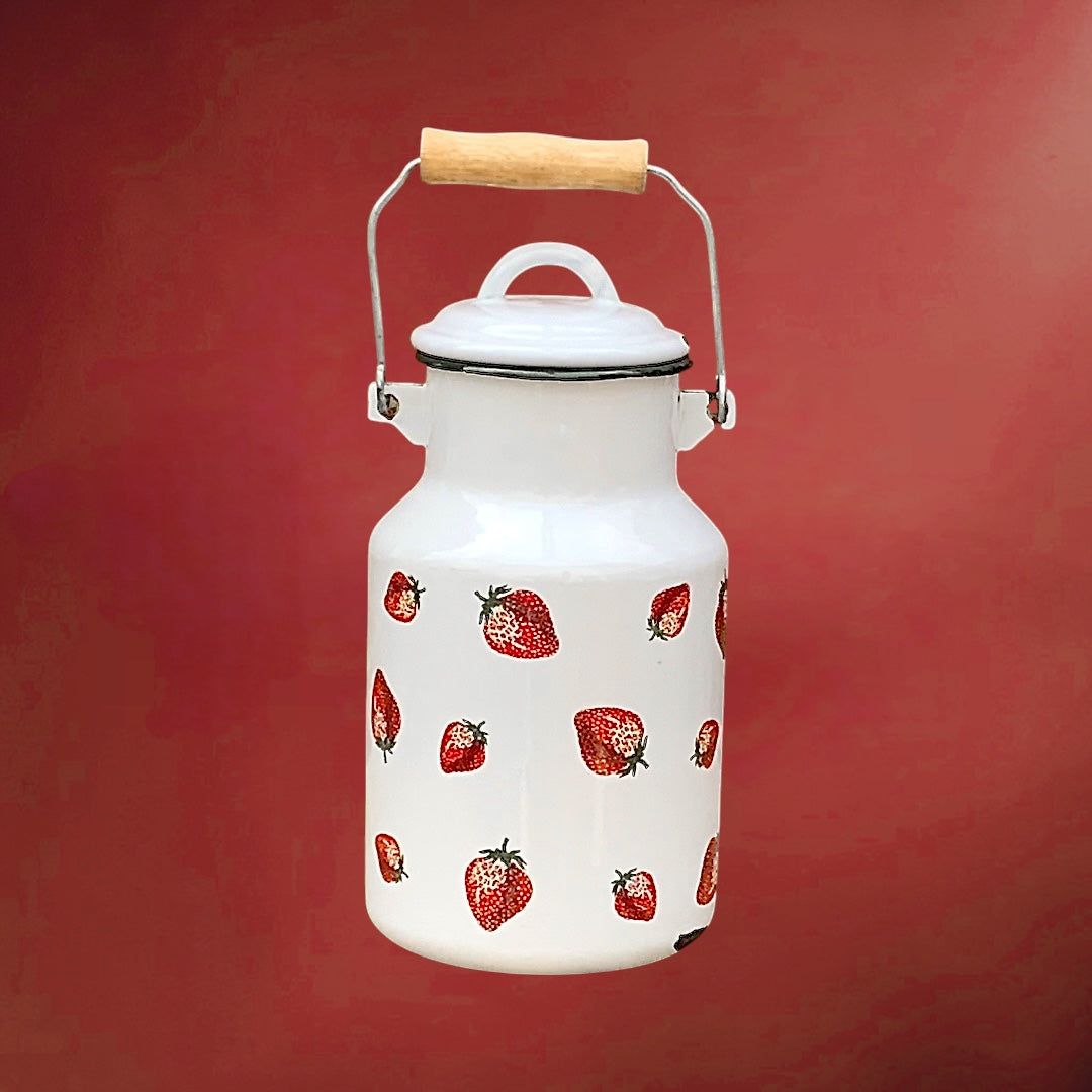 Ancien Bidon à Lait Émaillé Blanc à Décor de Fraises – Années 60-70