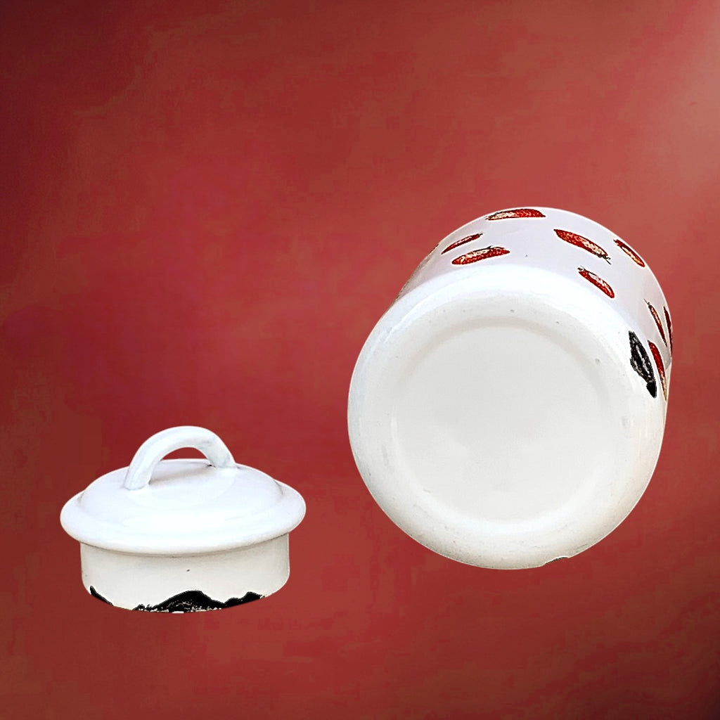 Ancien Bidon à Lait Émaillé Blanc à Décor de Fraises – Années 60-70
