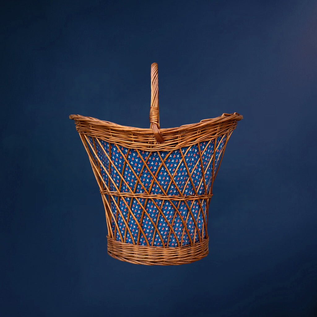 Grand Panier à Ouvrage en Osier Doublé de Tissu Fleuri Bleu - Années 50-60
