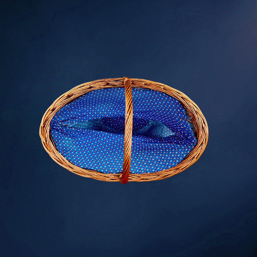 Grand Panier à Ouvrage en Osier Doublé de Tissu Fleuri Bleu - Années 50-60