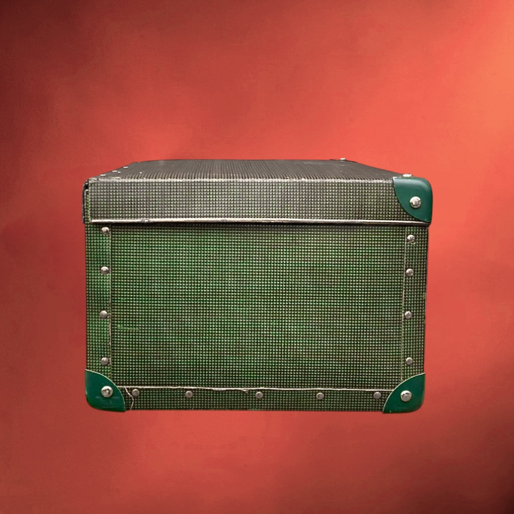 Valise vintage anglaise années 50 verte serrures Cheney pied de poule