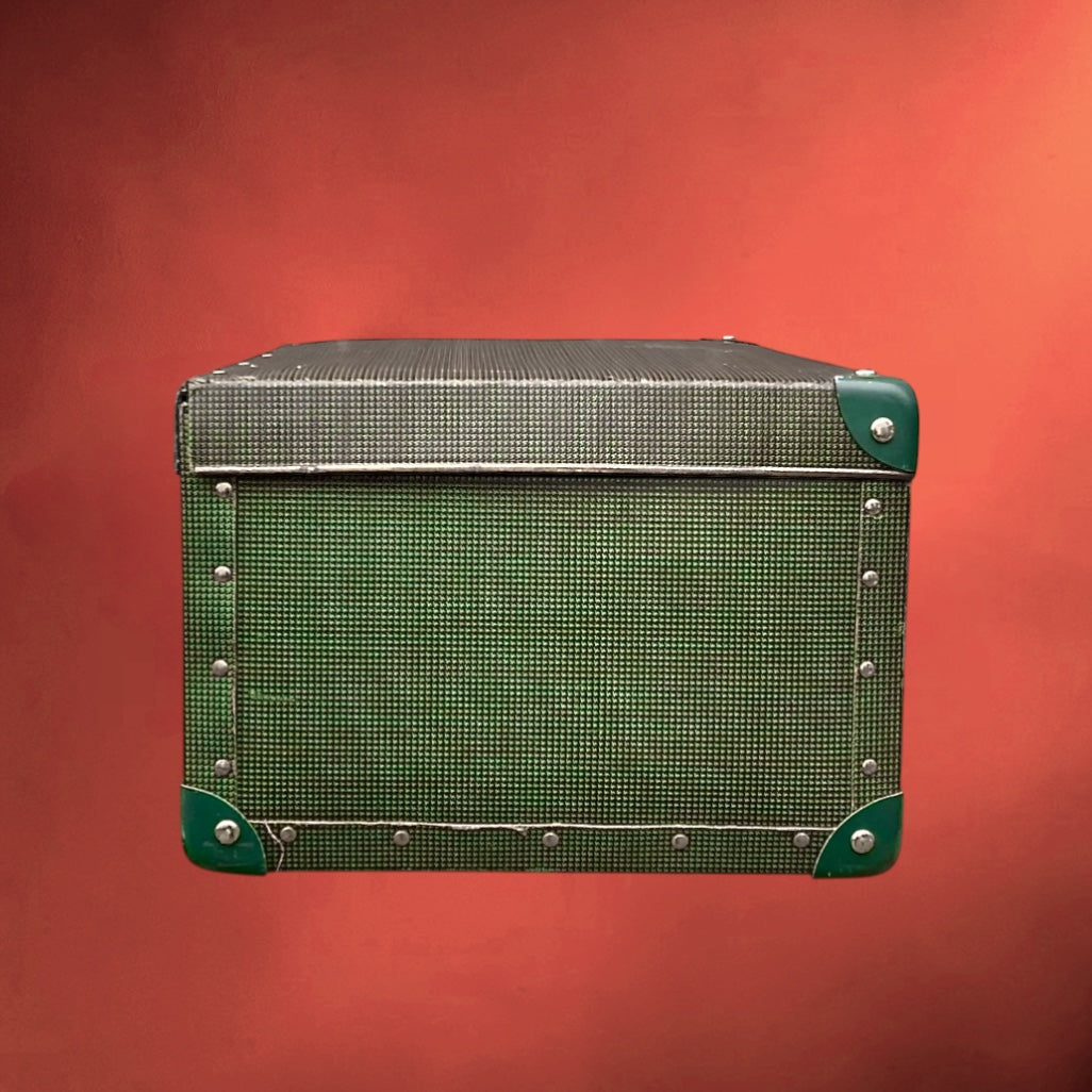 Valise vintage anglaise années 50 verte serrures Cheney pied de poule