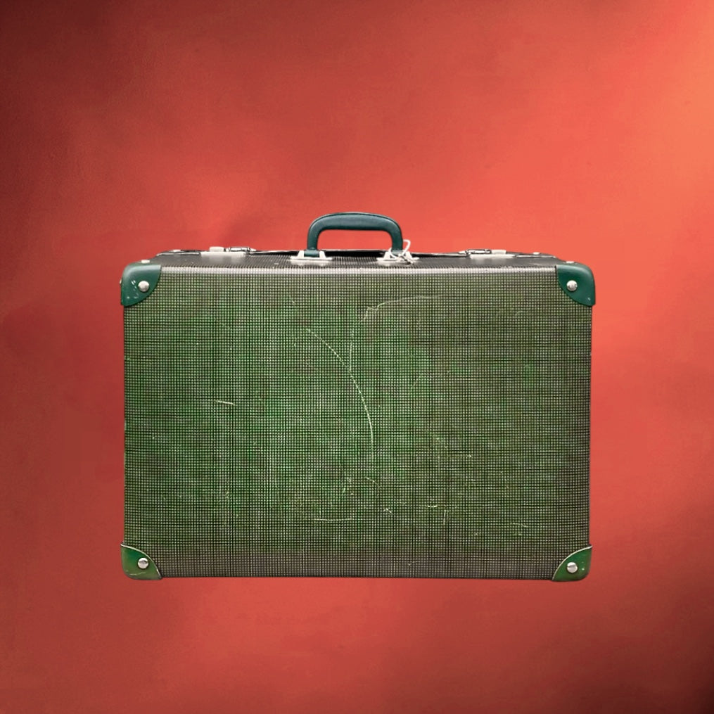 Valise vintage anglaise années 50 verte serrures Cheney pied de poule