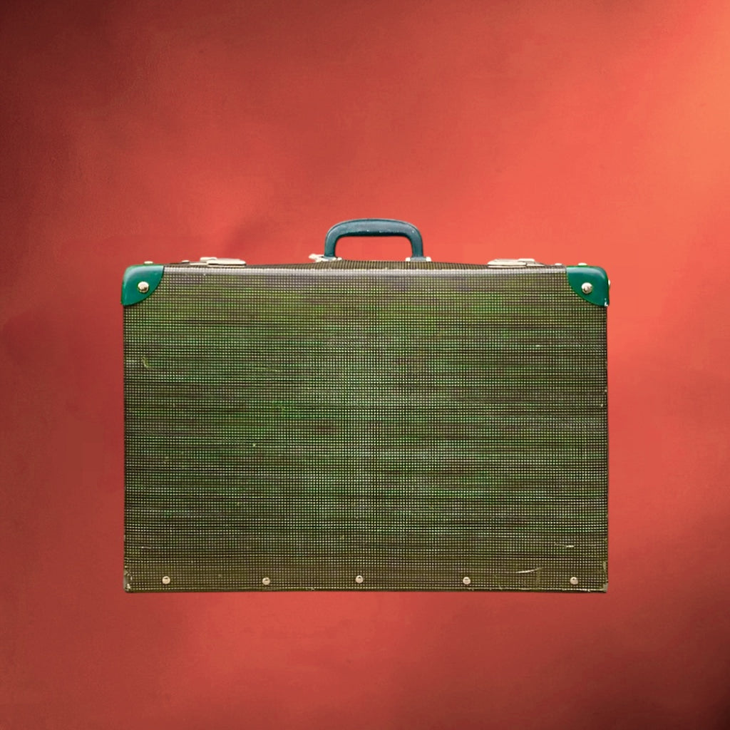 Valise vintage anglaise années 50 verte serrures Cheney pied de poule
