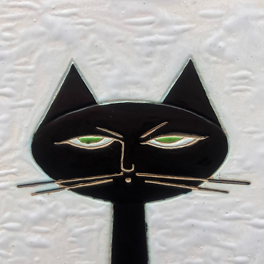 Plaque Murale Chat Noir en Céramique sur Bois - Années 70